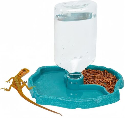 17oz 2 in 1 Terrarium Tank Reptile Food Feeders Bowl, Water Feeder Automatic Water Dispenser Waterer Feeding Accessories, for Geckos Lizards Turtle Bearded Dragons (Lake Blue) in Kuwait
