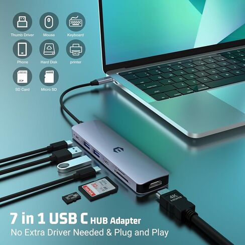 محور USB C 7 في 1، موزع محول متعدد المنافذ Tymyp مع HDMI، 100 وات PD، USB C 3.0، 2 × منافذ USB 3.0، قارئ بطاقات SD وMicro SD، متوافق مع أجهزة الكمبيوتر المحمولة USB C Dell XPS/HP/وأجهزة أخرى من النوع C in Kuwait