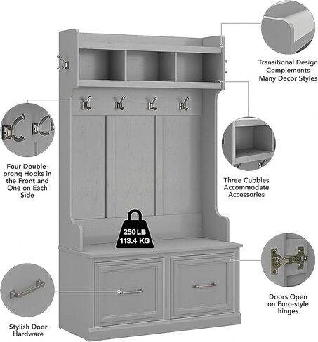 Bush Furniture Woodland Hall Tree and Shoe Storage Bench with Doors | Foyer, Mudroom, Entryway Organizer, 40W, Cape Cod Gray in Saudi Arabia