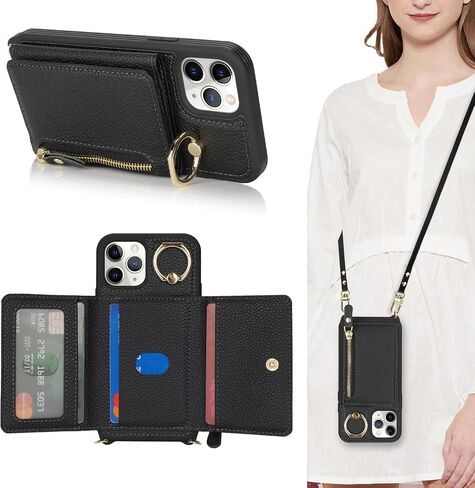 for iPhone 11 Pro Case with Card Holder,Phone Case for iPhone 11 Pro Case with Strap Crossbody Lanyard Stand Ring,iPhone 11 Pro Wallet Case for Women,Leather Zipper Pocket Case-Black in Saudi Arabia