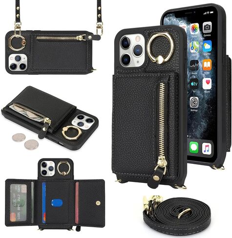 for iPhone 11 Pro Case with Card Holder,Phone Case for iPhone 11 Pro Case with Strap Crossbody Lanyard Stand Ring,iPhone 11 Pro Wallet Case for Women,Leather Zipper Pocket Case-Black in Saudi Arabia
