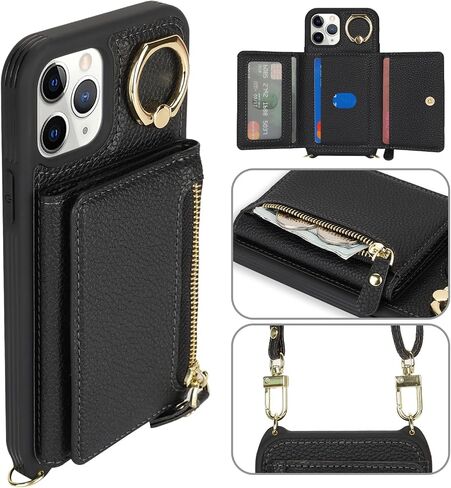for iPhone 11 Pro Case with Card Holder,Phone Case for iPhone 11 Pro Case with Strap Crossbody Lanyard Stand Ring,iPhone 11 Pro Wallet Case for Women,Leather Zipper Pocket Case-Black in Saudi Arabia