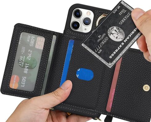 for iPhone 11 Pro Case with Card Holder,Phone Case for iPhone 11 Pro Case with Strap Crossbody Lanyard Stand Ring,iPhone 11 Pro Wallet Case for Women,Leather Zipper Pocket Case-Black in Saudi Arabia