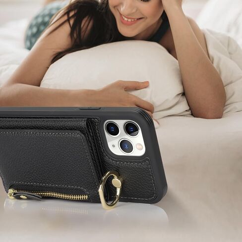 for iPhone 11 Pro Case with Card Holder,Phone Case for iPhone 11 Pro Case with Strap Crossbody Lanyard Stand Ring,iPhone 11 Pro Wallet Case for Women,Leather Zipper Pocket Case-Black in Saudi Arabia