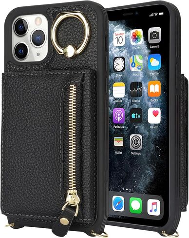 for iPhone 11 Pro Case with Card Holder,Phone Case for iPhone 11 Pro Case with Strap Crossbody Lanyard Stand Ring,iPhone 11 Pro Wallet Case for Women,Leather Zipper Pocket Case-Black in Saudi Arabia