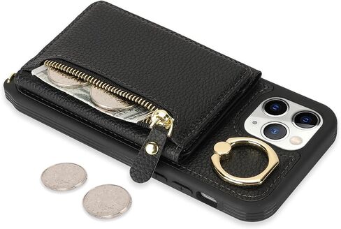 for iPhone 11 Pro Case with Card Holder,Phone Case for iPhone 11 Pro Case with Strap Crossbody Lanyard Stand Ring,iPhone 11 Pro Wallet Case for Women,Leather Zipper Pocket Case-Black in Saudi Arabia