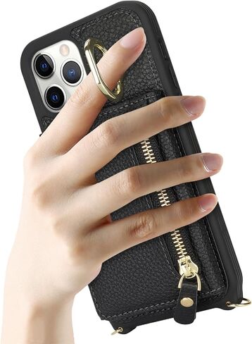 for iPhone 11 Pro Case with Card Holder,Phone Case for iPhone 11 Pro Case with Strap Crossbody Lanyard Stand Ring,iPhone 11 Pro Wallet Case for Women,Leather Zipper Pocket Case-Black in Saudi Arabia