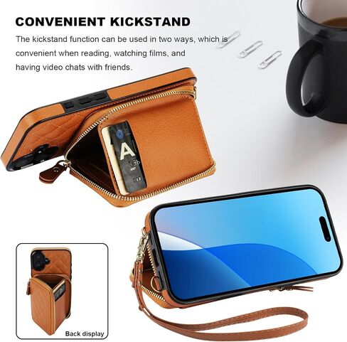 Bocasal Crossbody Wallet Case for iPhone 16 Plus, RFID Blocking PU Leather Zipper Handbag Purse Flip Cover, Kickstand Folio Case with Card Slots Holder Wrist Strap Lanyard 5G 6.7 Inch (Brown) in Saudi Arabia
