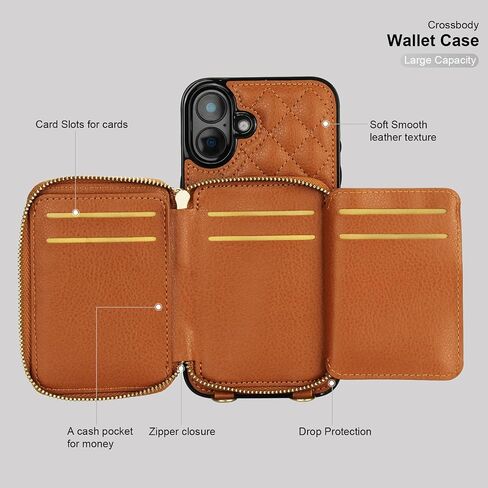 Bocasal Crossbody Wallet Case for iPhone 16 Plus, RFID Blocking PU Leather Zipper Handbag Purse Flip Cover, Kickstand Folio Case with Card Slots Holder Wrist Strap Lanyard 5G 6.7 Inch (Brown) in Saudi Arabia