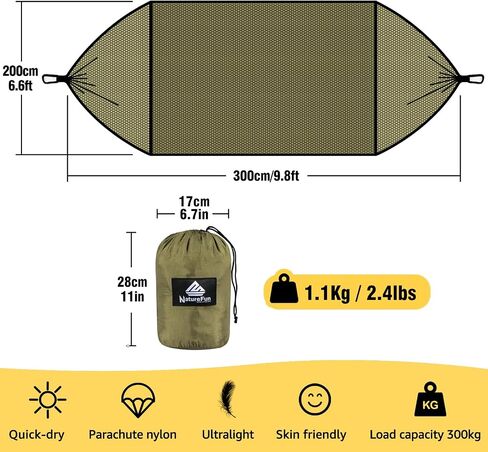 Camping Hammock with Net | 300kg Load Capacity,(300 x 200 cm) Breathable,Quick-Drying Parachute Nylon Travel Hammock | 2 x Premium Carabiners,4 x Slings Included | Outdoor Indoor Garden in Saudi Arabia