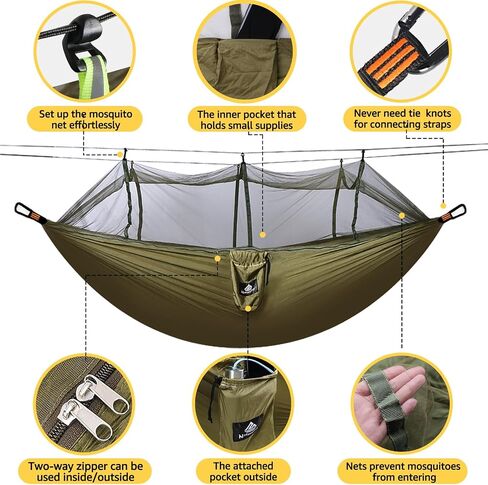 Camping Hammock with Net | 300kg Load Capacity,(300 x 200 cm) Breathable,Quick-Drying Parachute Nylon Travel Hammock | 2 x Premium Carabiners,4 x Slings Included | Outdoor Indoor Garden in Saudi Arabia