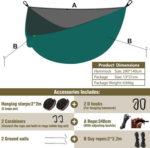 Camping Hammock with Net | 300kg Load Capacity,(290 x 140 cm) Breathable,Quick-Drying Parachute Nylon | Complete Accessories | Easy to Setup Travel Hammock Outdoor Indoor Garden in Saudi Arabia