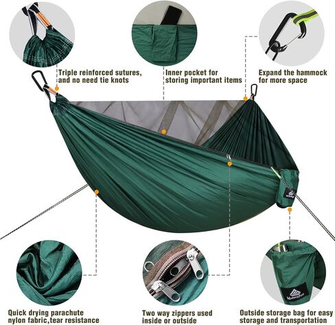 Camping Hammock with Net | 300kg Load Capacity,(290 x 140 cm) Breathable,Quick-Drying Parachute Nylon | Complete Accessories | Easy to Setup Travel Hammock Outdoor Indoor Garden in Saudi Arabia