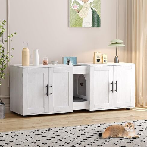 Cat Litter Box Enclosure for 2 Cats,Cat Litter Box Furniture with Double Room,Hidden Litter Box Furniture,Double Cat Cabinet with Scratching Pad,Indoor Cat Litter Box Storage Cabinet,White in Saudi Arabia