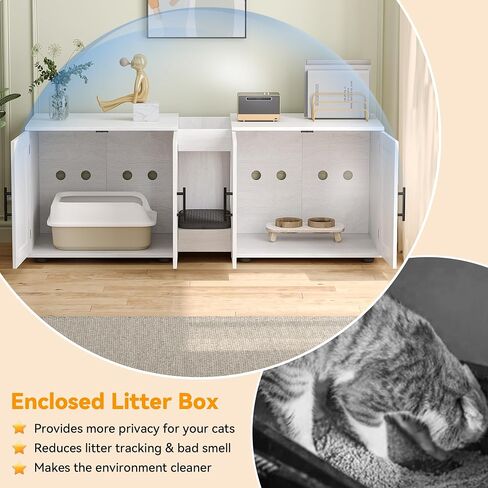 Cat Litter Box Enclosure for 2 Cats,Cat Litter Box Furniture with Double Room,Hidden Litter Box Furniture,Double Cat Cabinet with Scratching Pad,Indoor Cat Litter Box Storage Cabinet,White in Saudi Arabia