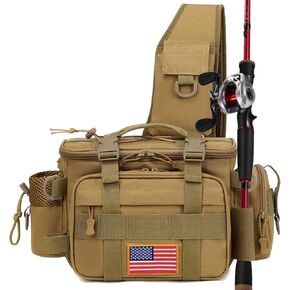 Fishing Sling Bag, Fly Fishing Chest Fanny Pack, with Rod Holder, Water-Resist, Tackle Shoulder Pack for Men, Ice Fishing Hiking, Hunting(Khaki)