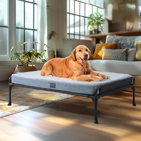 Veehoo Elevated Raised Dog Bed+Removable Dog Bed Mat-Cooling Outdoor Dog Cot Bed for Large Sized Dog Three-Sided Guardrail Raised Pet Dog Cot Elevated Dog Hammock Ded with Bolster-35 x22 Black Silver