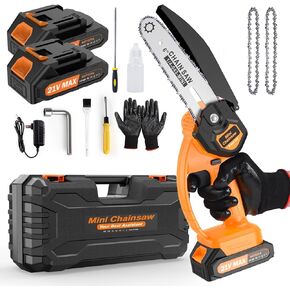 Mini Chainsaw 6 inch Cordless, 21V/2Ah Battery Powered Chain Saw for Branch Pruning with 2 Chains, 2 Battery, Portable Electric Handheld Small Chainsaw w/Security Lock, for Wood Cutting Tree Trimming