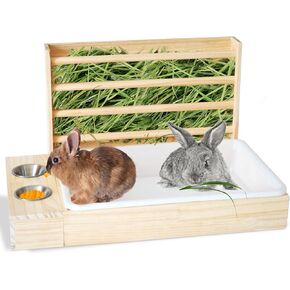 PINVNBY 3 in 1 Rabbit Hay Feeder with Litter Box,Wooden Rabbit Litter Box with Hay Feeder Bunny Hay Feeder with Toilet and Bowls Combo Small Animal Hay Holder Rack for Rabbits Guinea Pig Chinchillas