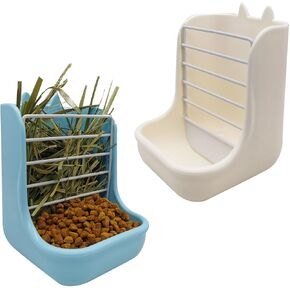 Guinea Pig Food Hay Feeder 2 in 1 Rabbit Hay Feeders Rack Indoor Hay Feeder for Rabbit Bunny Chinchilla Hamster(2PCS Blue&White)