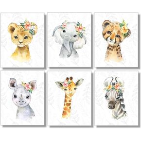 Safari Animals Wall Art Prints - Nursery Decor - Jungle Animal Pictures - Set of 6-8x10 - Unframed - Watercolor