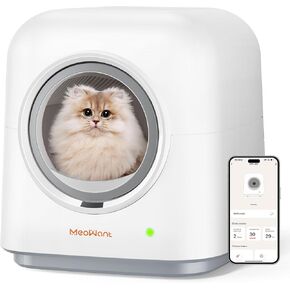 MeoWant صندوق فضلات القطط ذاتي التنظيف LR01، صندوق فضلات تلقائي للتحكم في التطبيق للقطط المتعددة، صندوق فضلات القطط الذكي الخالي من الرائحة مع حصيرة وبطانة