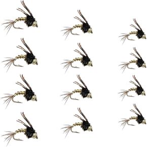 Feeder Creek Fly Fishing Nymph Flies Assortment, One Dozen Bead Head Lightning Bug Wet Flies for Trout, 3 Sizes Included (4 of Each Size)