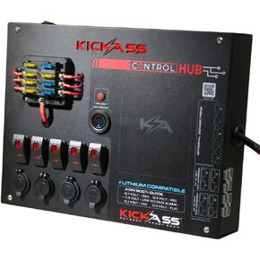 KickAss 12V Pre Wired Control Hub -12/24V Camping Electrical System Battery Power Control Box with Switches Fuse Block Cig Sockets Voltmeter USB Quick Connect Plug DIY Car RV Pickup Trucks 4WD