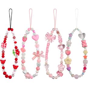 4 PCS Phone Charm Beaded Phone Strap Pink Cute Phone Charms Aesthetic Y2K Phone Keychain Bag Purse Wallet Camera Airpods Pendants Decor Women Girl Gifts