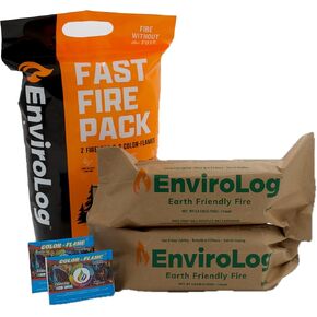 Fast Fire Pack, Includes 2 Fire Logs & 2 Color Flame Packets, for Indoor or Outdoor Fireplace, Fire Pit, Bonfire, and Camping - Safe and Sustainable