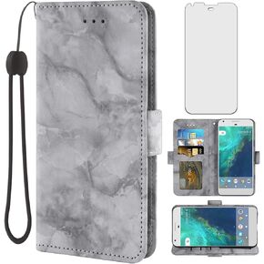 Asuwish Compatible with Google Pixel XL Case and Tempered Glass Screen Protector Cell Accessories Card Holder Slot Kickstand Flip Marble Wallet Phone Covers for Pixle 1 XL One Pixel1 1XL 2016 Pink