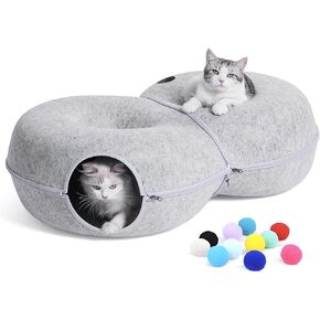 8-Shaped Large Cat Tunnel Bed for Indoor Cats, Infinite Circulation Peekaboo Cat Cave with 12 Toy Balls, Cat Donut Tunnel for Cats up to 30 Pounds (Dark Grey, L 38x24x11in)