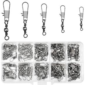 125 Pcs Barrel Snap Swivel Fishing Rolling Ball Bearing Swivels with Safety Snap 7# 8# 10# 12# 14# Quick Change Fishing Connector with Ball Bearing Swivels Snaps for Connecting Hooks & Lures