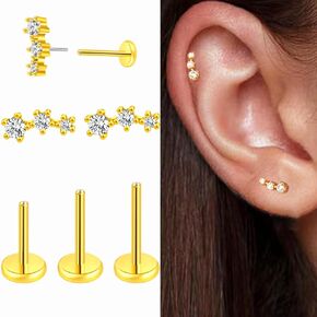 3Pcs Threadless Flat Back Stud Cartilage Earring 20G Tragus Conch Helix Piercing Jewelry Push in CZ Gold Flatback Earrings Hypoallergenic for Women Men 5mm 6mm 8mm