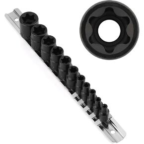 CASOMAN 11 PC Female E-TORX Star Socket Set with Rail, Female External Star Socket Set, E4 - E20 Torque Socket Set