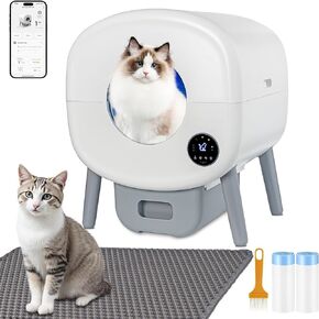 Self Cleaning Cat Litter Box, 100L Automatic Kitty Litter Boxes for Multiple Cats, Built in Ambient Light, Double Odor Removal Safety Protection with App Control, 2 Rolls Liners Bags and Mat