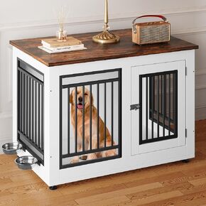 YITAHOME Dog Crate Furniture Style, 35 Inch Wooden Dog Kennel End Table for Medium Dogs up to 55 lbs, Indoor Dog Cage House with Adjustable Feet and Removable Bowls (35" L x 20.4" W x 25.2" H) in Saudi Arabia