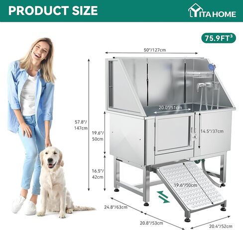 YITAHOME 50 "حوض استحمام للكلاب 304 من الفولاذ المقاوم للصدأ محطة استحمام احترافية للكلاب مع منحدر، شبكة أرضية، صنبور، حوض استحمام للكلاب الكبيرة والمتوسطة والصغيرة، الباب الأيسر للحيوانات الأليفة، محطة غسيل الكلاب للمنزل in Saudi Arabia