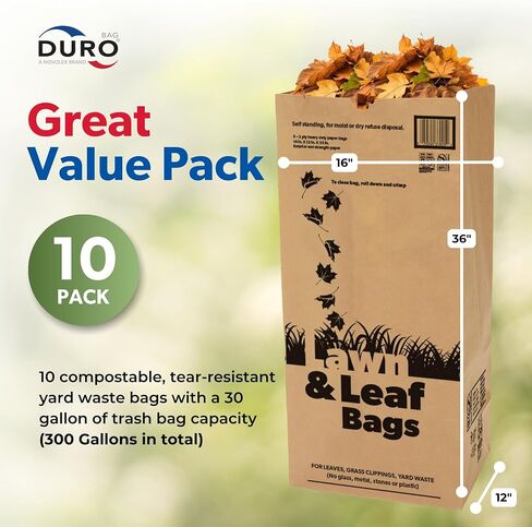 Duro Bags 21089 2-Ply Garbax Lawn and Leaf Bag, 50 lb, 16 in L x 12 in W x 35 in D, Paper, Kraft, (Pack of 5) in Saudi Arabia