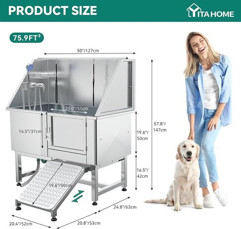 YITAHOME 50 "حوض استحمام للكلاب 304 من الفولاذ المقاوم للصدأ محطة استحمام احترافية للكلاب مع منحدر، شبكة أرضية، صنبور، حوض استحمام للكلاب الكبيرة والمتوسطة والصغيرة، الباب الأيسر للحيوانات الأليفة، محطة غسيل الكلاب للمنزل in Saudi Arabia