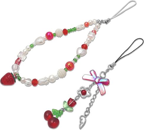 2 Pack Phone Charms, Cute Aesthetic Beaded Phone Charm Strap Phone Lanyard String Phone Chain Accessories for Phone Bag Keychain Airpods Camera Pendants in Kuwait