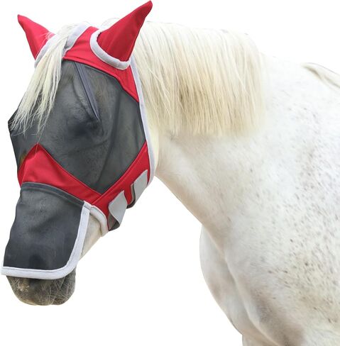Horse Fly Mask with Ears and Long Nose, Fine Mesh UV Protection Fly Mask for Horses Red Full in Kuwait
