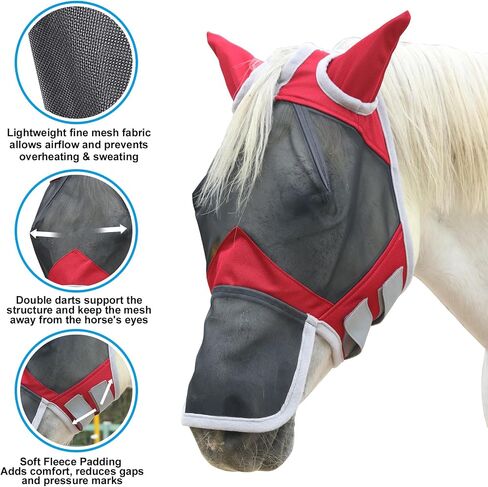 Horse Fly Mask with Ears and Long Nose, Fine Mesh UV Protection Fly Mask for Horses Red Full in Kuwait