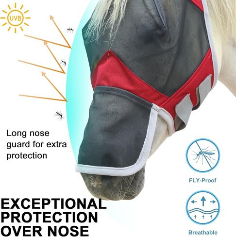 Horse Fly Mask with Ears and Long Nose, Fine Mesh UV Protection Fly Mask for Horses Red Full in Kuwait
