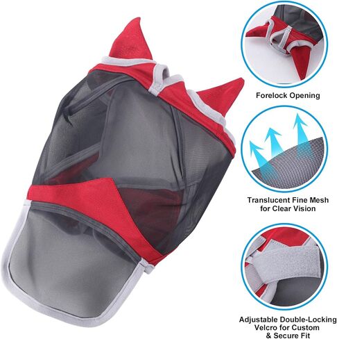 Horse Fly Mask with Ears and Long Nose, Fine Mesh UV Protection Fly Mask for Horses Red Full in Kuwait