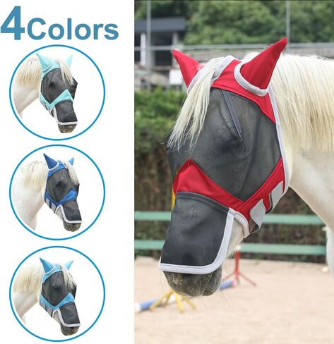 Horse Fly Mask with Ears and Long Nose, Fine Mesh UV Protection Fly Mask for Horses Red Full in Kuwait