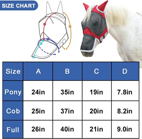 Horse Fly Mask with Ears and Long Nose, Fine Mesh UV Protection Fly Mask for Horses Red Full in Kuwait
