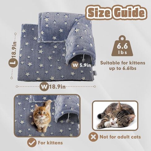 Kitten Tunnel Bed Mat, Glow in The Dark Kitten Bed for Indoor Kittens, Perfect Kitten Gift Toy with 3D Memory Foam, Detachable & Machine Washable, Non-Slip Bottom, Blue S in Saudi Arabia