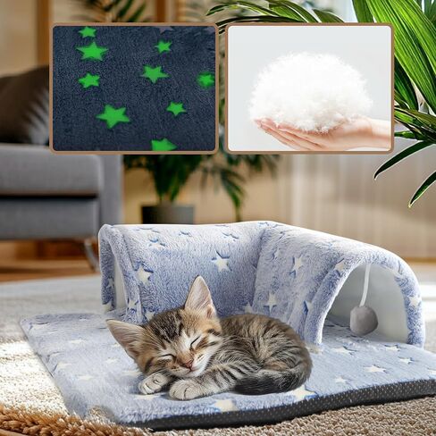 Kitten Tunnel Bed Mat, Glow in The Dark Kitten Bed for Indoor Kittens, Perfect Kitten Gift Toy with 3D Memory Foam, Detachable & Machine Washable, Non-Slip Bottom, Blue S in Saudi Arabia