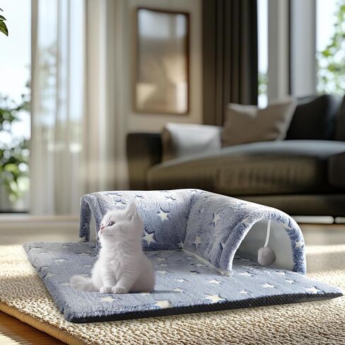 Kitten Tunnel Bed Mat, Glow in The Dark Kitten Bed for Indoor Kittens, Perfect Kitten Gift Toy with 3D Memory Foam, Detachable & Machine Washable, Non-Slip Bottom, Blue S in Saudi Arabia